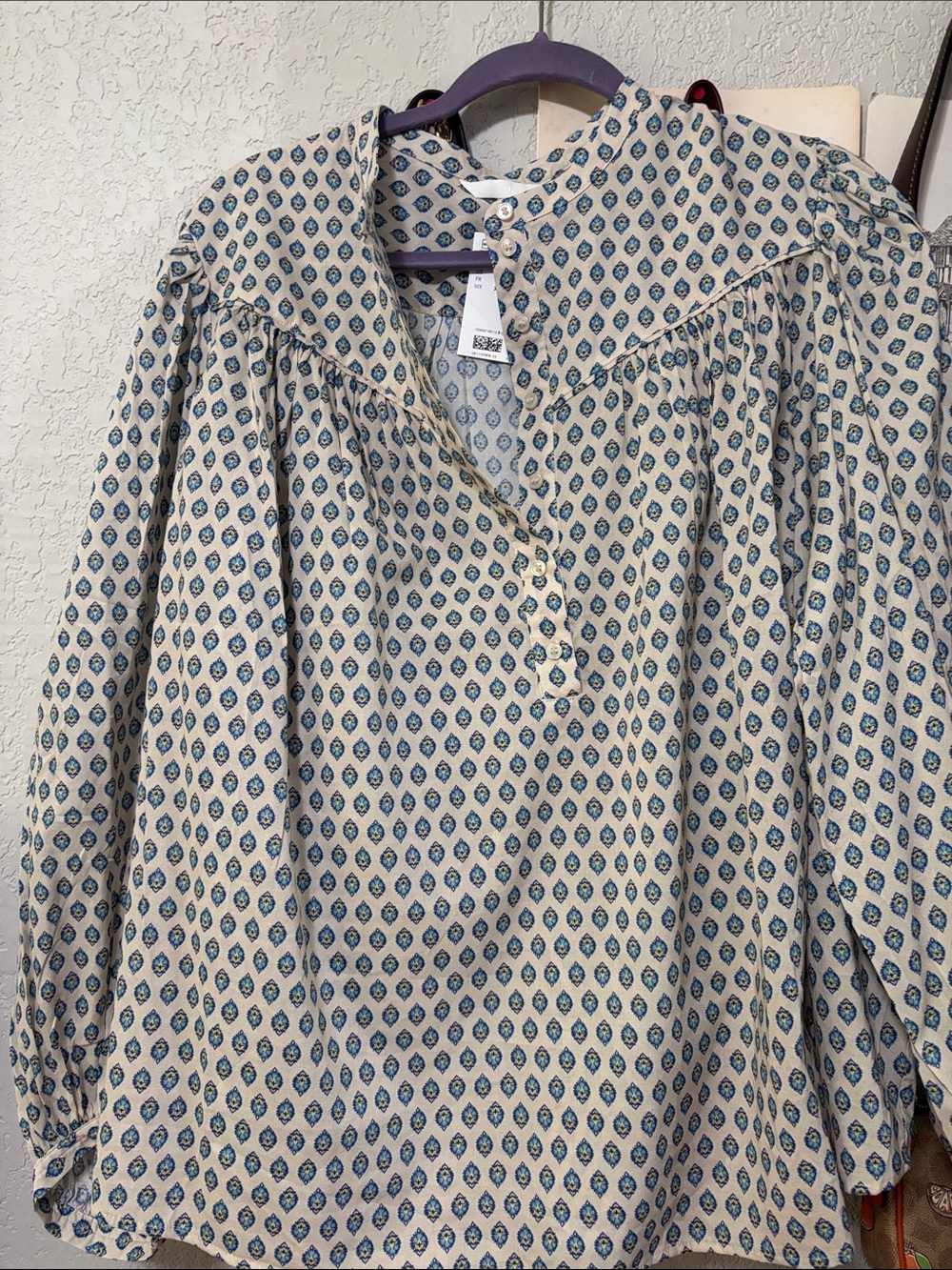 H&M Cream Blouse with Blue Print